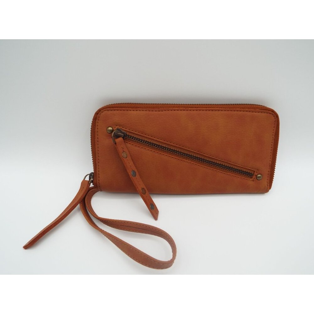 Free People Brown Vegan Faux Leather Studded Zip Around Wristlet Wallet